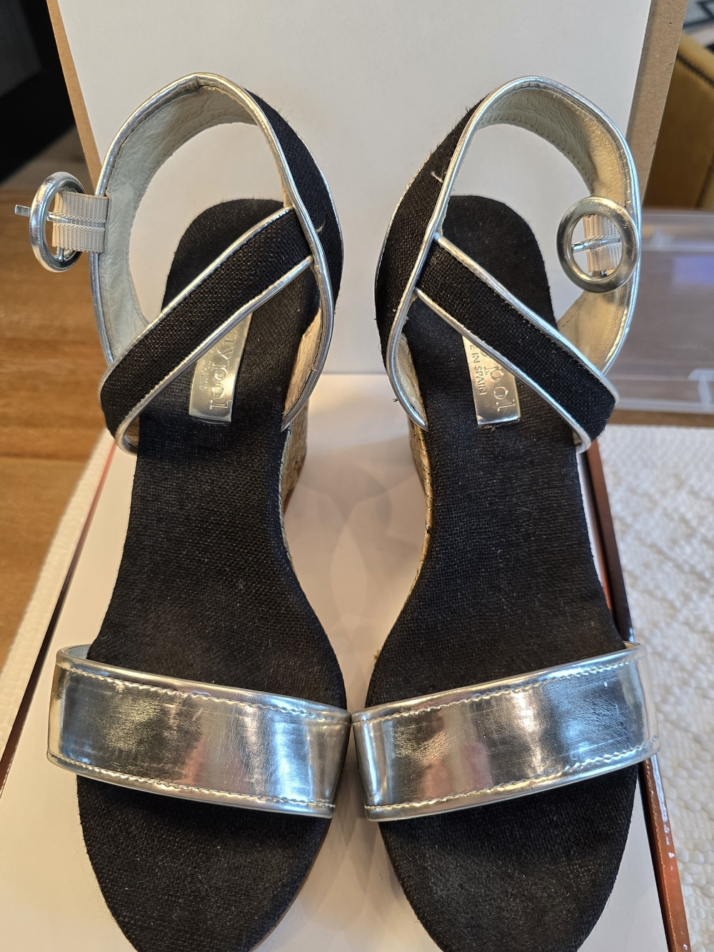 Women's MAYPOL SPAIN Silver & Black Wedge Sandals ■ Size 41 US 10